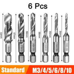 6pcs Titanium Coated HSS Tap Drill Bits Set Hex Shank Screw Thread Bit Screw Machine Compound Tap M3 M4 M5 M6 M8 M10