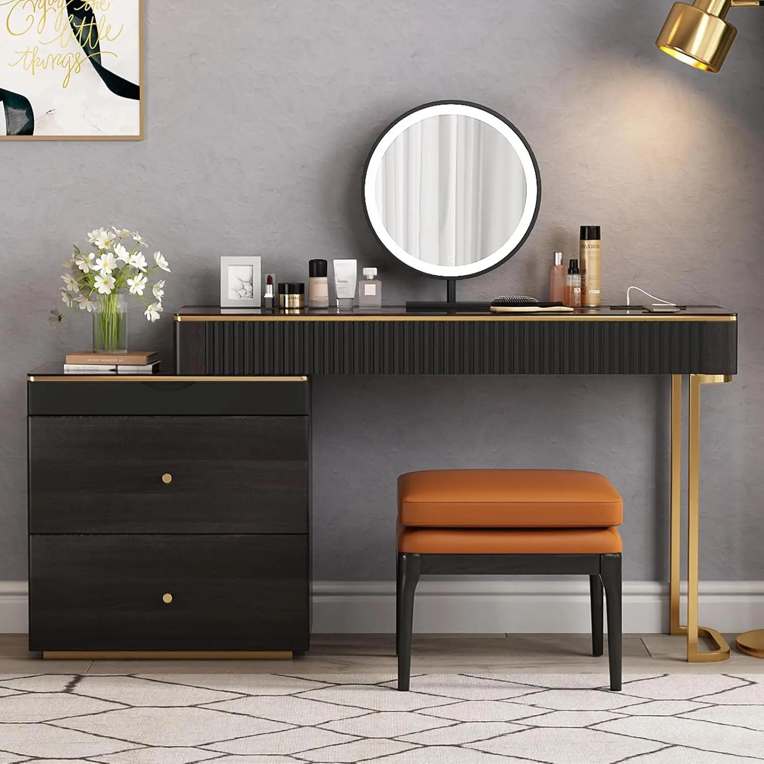 Description Picture 3 of itemextendable Dresser Set、Dressing Table,Super Storage、LED Lighted Vanity Mirror with ash All Solid Wood upholstered Makeup Stool