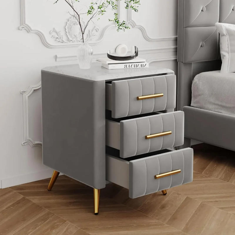 Description Picture 6 of itemNightstand with Drawers Set, Upholstered Wood Bedside End Table with Marbling Top, Nightstand