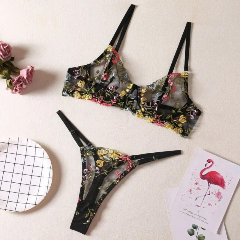 Description Picture 6 of item2-Piece Versatile Floral Lingerie Set Embroidery Sheer Boho Bra Panty Set Intimates
