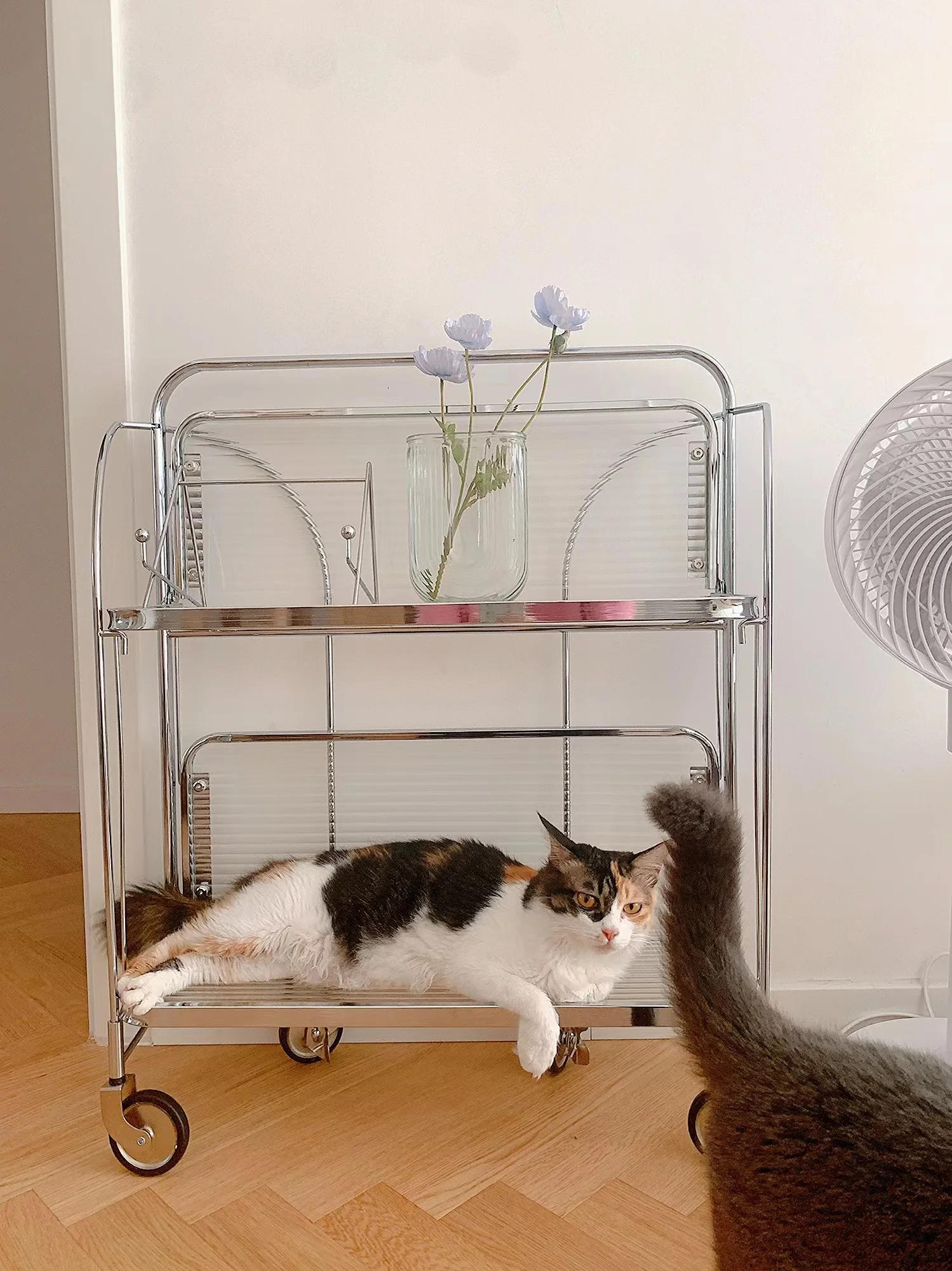 Description Picture 5 of itemTransparent Glass Dining Car Trolley Home Kitchen Bar Wheel Table Foldable Side Table Living Room Bedroom Mobile Shelf Furniture