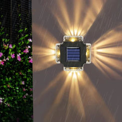 Solar Wall Lamp Four Sides Spotlight LED Sunlight Light Outdoor Waterproof Up and Down Luminous Lighting Garden Yard Fence Decor
