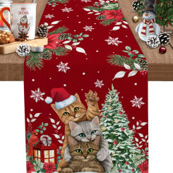 Christmas Cute Cats Xmas Trees Linen Table Runners Dining Room Decoration Reusable Kitchen Dining Table Runners Xmas Decorations