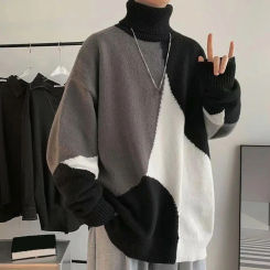 Long Sleeve Sweater Colorblock Knitted Turtleneck Men's Sweater with High Collar Neck Protection Soft Warmth Elastic Mid Length