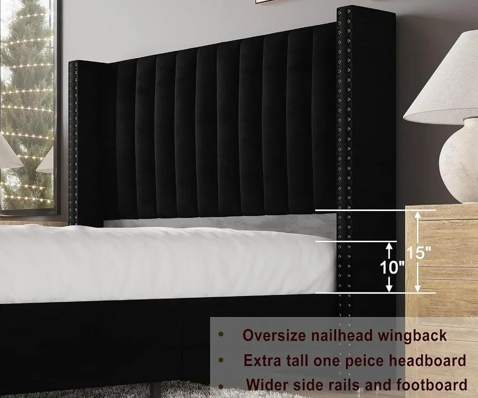 Description Picture 5 of itemQueen Size Bed Frame Upholstered Platform Bed with Tall Headboard Wingback Velvet Vertical Channel Tufted Easy Assembly Black