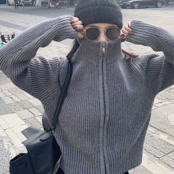 Y2k Aesthetic Harajuku Cardigan Mujer Kardigan Turtleneck Streetwear Grey Crop Tops Zipper 2025 Autumn All Match Solid  Sweater
