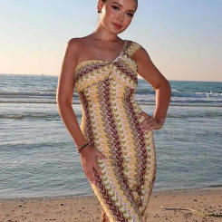 Knitted Contrast Color Hollow Out Midi Dress Women Strap Sleeveless Backless Slim Bodycon Dresses Colorful Holiday Sexy Robe