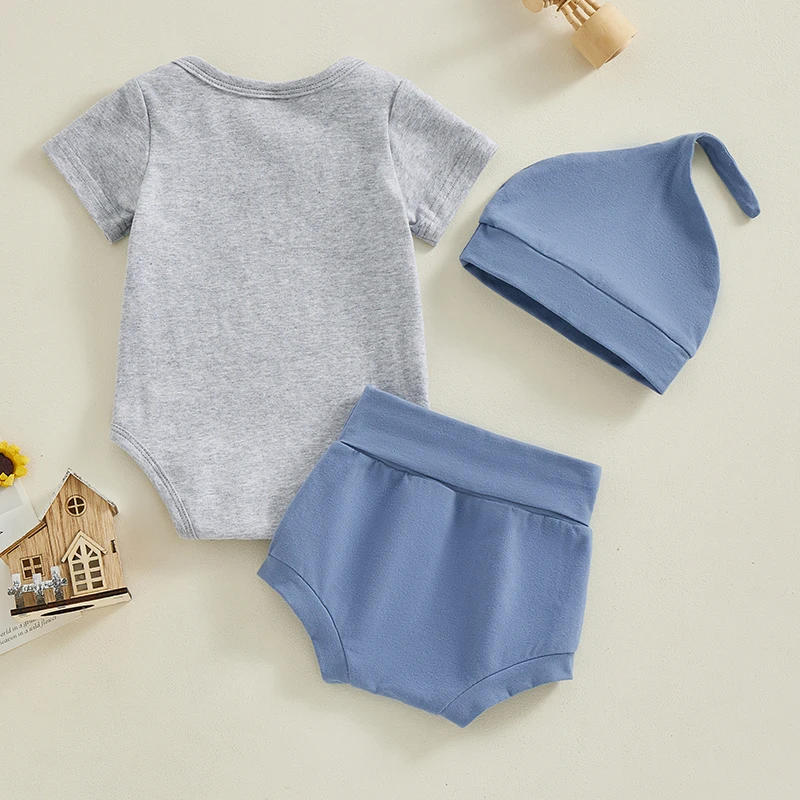 Description Picture 3 of itemBaby Boys Shorts Set Letters Print Romper with Elastic Waist Shorts and Hat Summer Set Clothes