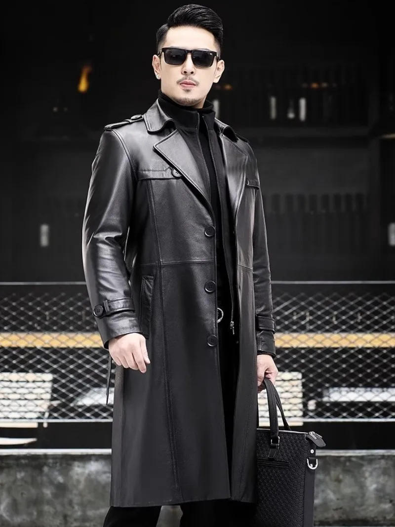 Description Picture 5 of itemNew Autumn Winter Mens Cowhide Genuine Leather Trench Black Punk Outwear Single Breasted Slim Fit Business Casual Men Long Coat