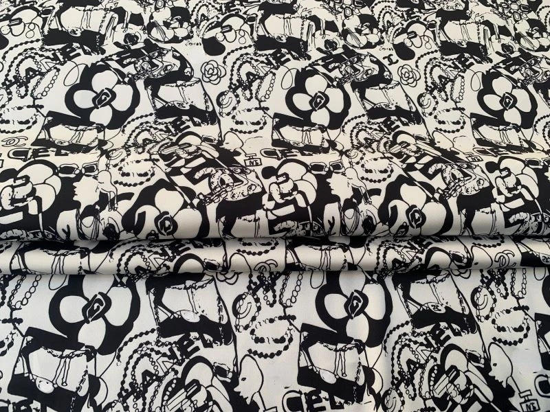 Description Picture 3 of itemSpring Summer Luxury Brand Black and White Pattern Digital Printing Polyester Stretch Satin Fabric DIY Sewing Skirt Material