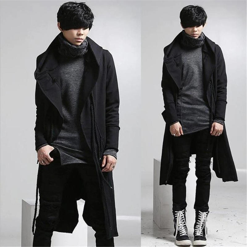 Description Picture 3 of itemAutumn Winter Men Punk Hip Hop Slim Fit Long Trench Coat Hooded Cloak Cardigan Mens Linen Rope Design Gothic Jackets Outerwear