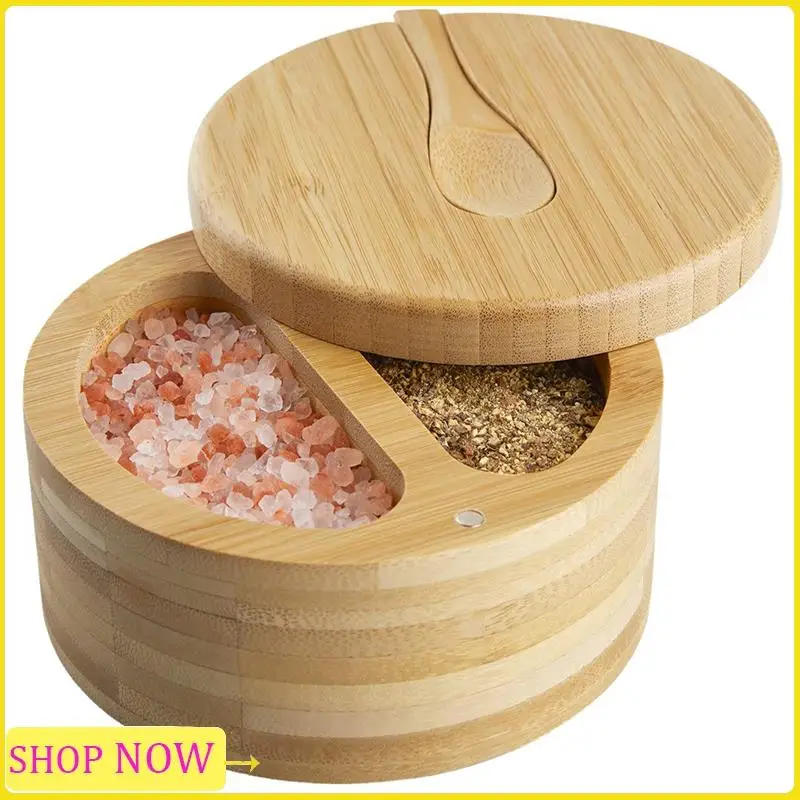 Description Picture 6 of item1Set Seasoning Box With Swivel Lid Bamboo Salt Cellar Wood Color Dual 6 Oz With Lid And Spoon