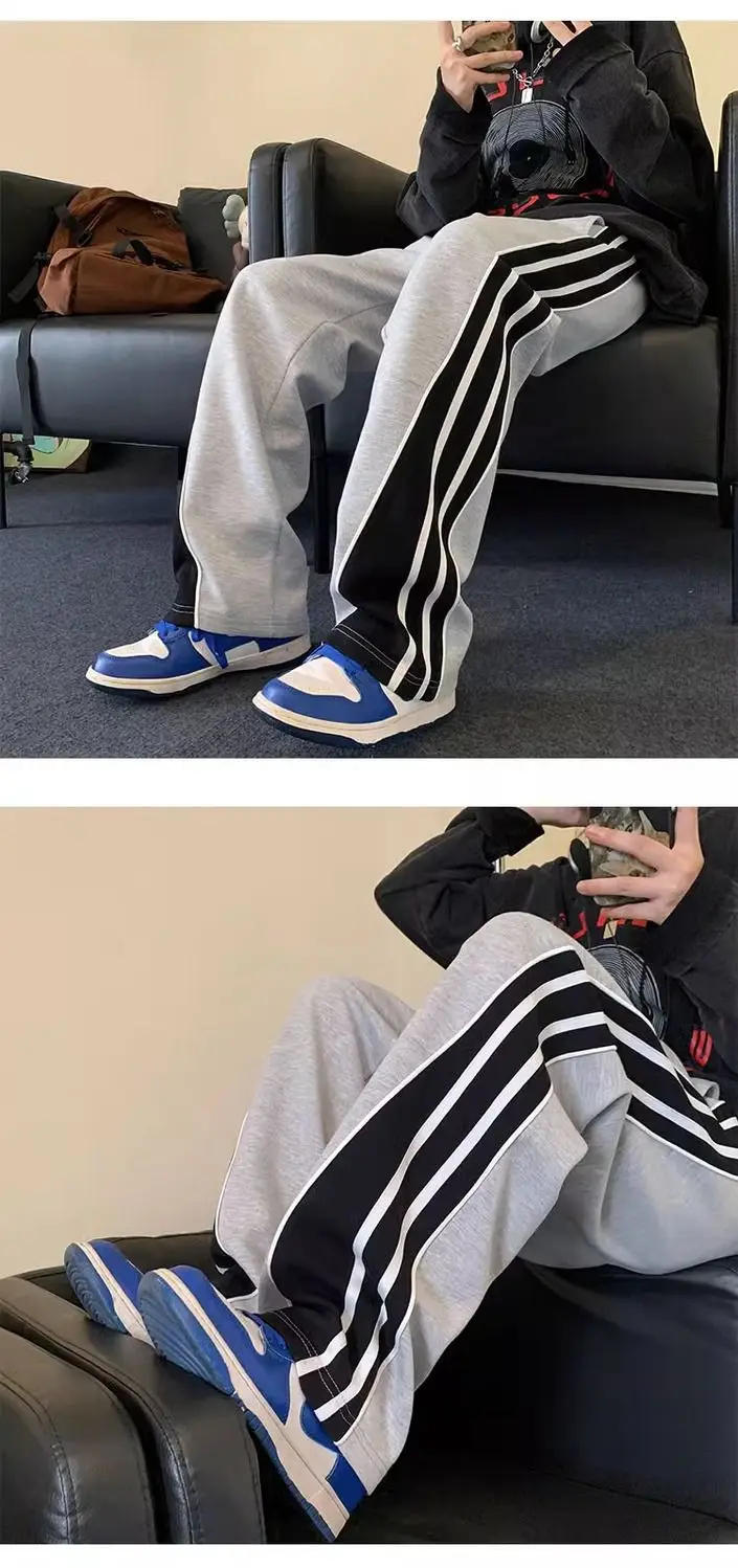 Description Picture 5 of itemAmerican style joint men and women spring/summer striped patchwork casual pants trend loose straight leg wide leg sports pants