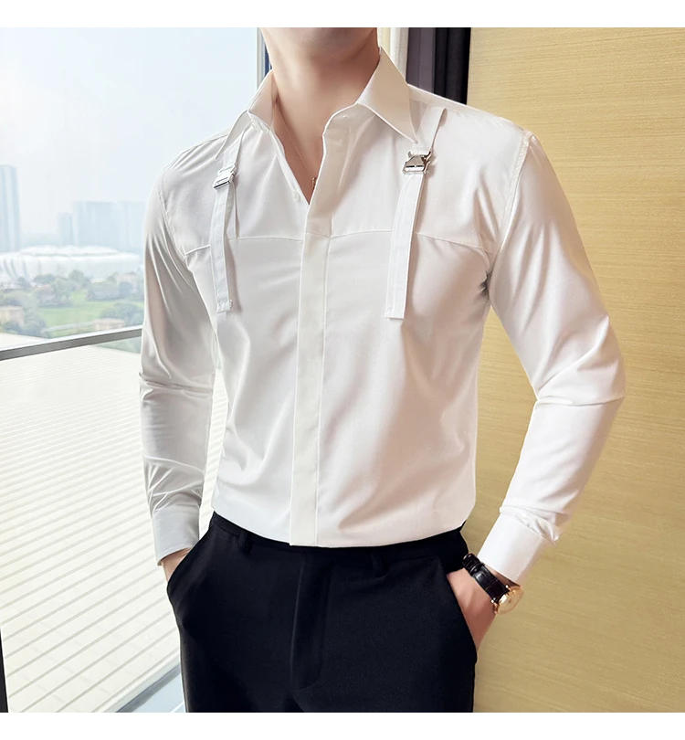 Description Picture 6 of itemStrap Decorative Design Shirt 2024 New Fashion Korean Long Sleeved Slim Fit Casual Business Social Shirt Mens Clothing 4XL-M