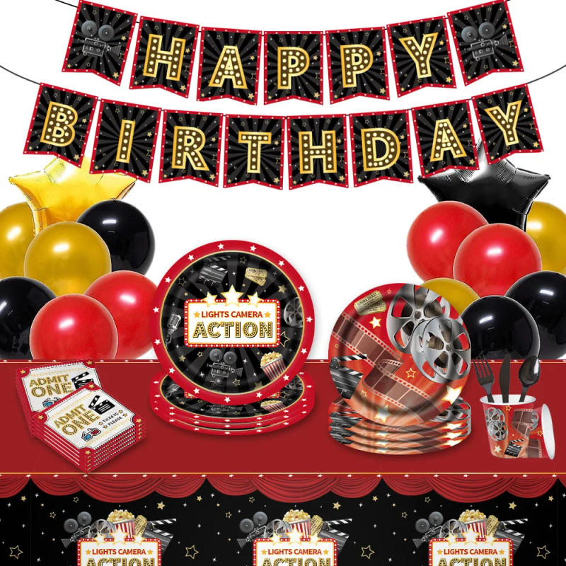 Description Picture 2 of itemHollywood Movie Time Party: Disposable Tableware Sets with DIY Banner, Essential Decorations for Baby Shower & Birthday Parties