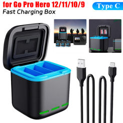 For GoPro Hero 12/11/10/9 Battery Charger Fast Charging Box 3-Channel Battery Charger + Type C Cable Sport Camera Accessories