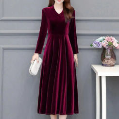 HOT Velvet Vintage Women Maxi Dress OL Style Oversize Round Neck Long Sleeves Evening Dress 	Slim Fit Pleated Bodycon Prom Dress