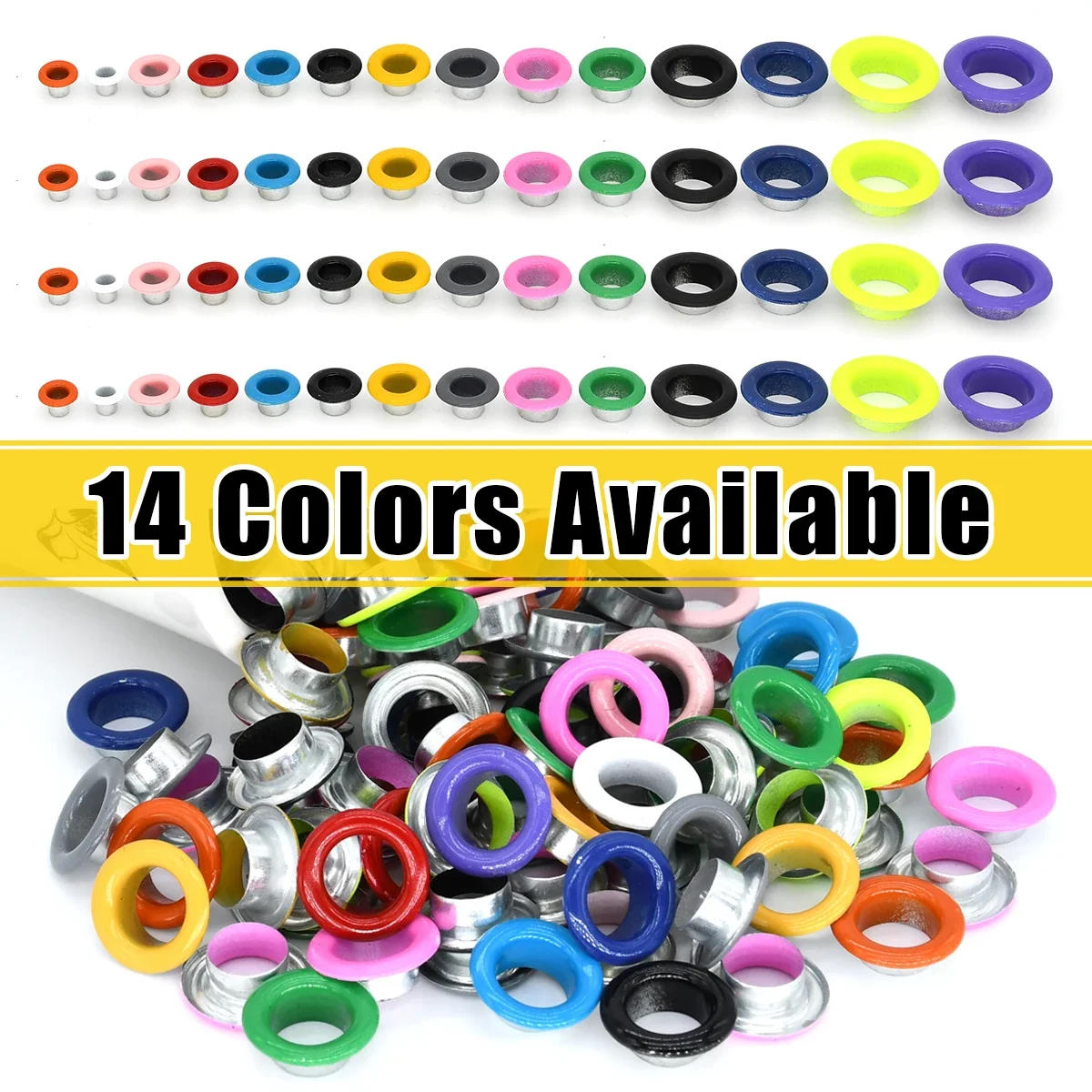 Description Picture 2 of item100sets Metal Eyelets Grommets Colored Hole Eye Rings Mix Color for Leathercraft Shoes Belt Cap Bag Tags Garment Scrapbooking