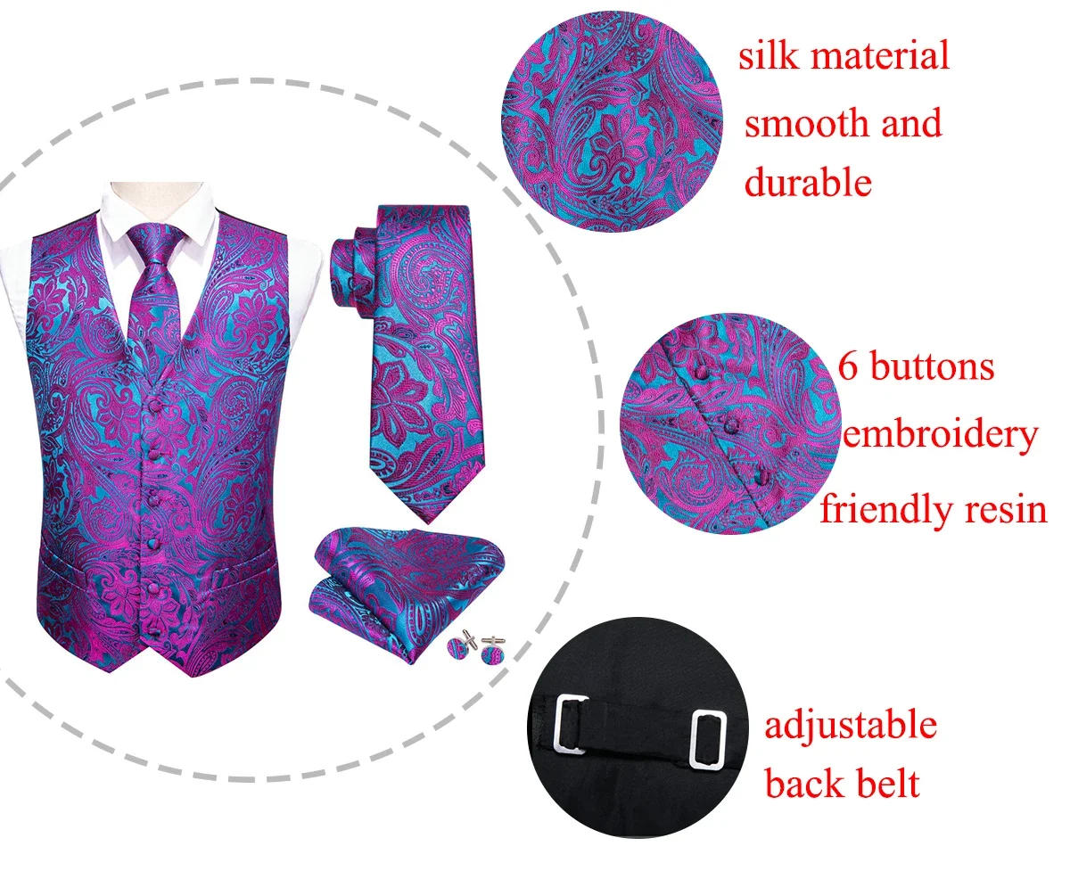 Description Picture 2 of itemSilk Vest for Men Oversized  Black Silver Green Pink Red Purple Gold Slim Suit Waistcoat Hanky Cufflinks Set