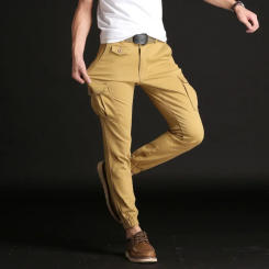 Cargo Pants Men Slim Foot Close Elastic Streetwear Stretch Fabric Ankle Length Black Khaki Pants Many Pocket Trousers Male