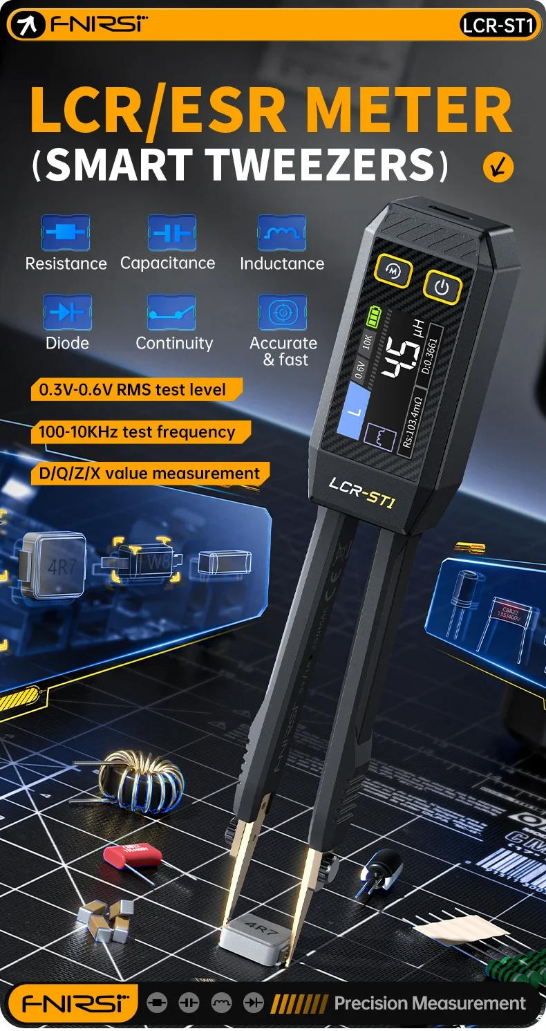 Description Picture 6 of itemFNIRSI LCR-ST1 Bridge Tweezers LCR SMD ESR Tester Resistance Capacitance Meters Inductance Continuity Diode Measurement Tools