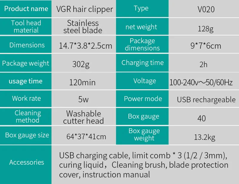 Description Picture 3 of itemV-020 New Professional Hair Clipper Electric Clipper 0 Cutter Head Clippers Rechargeable Electric Men Hair Cutting Machine