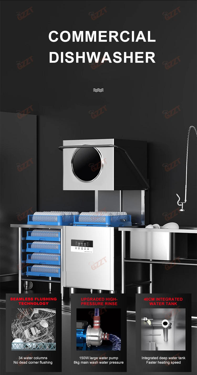 Description Picture 4 of item60 Baskets/hour Commercial Large Capacity Restaurant Canteen Dishwashers With Window 28L+20L Water Tank 60/90/120 Seconds/cycle