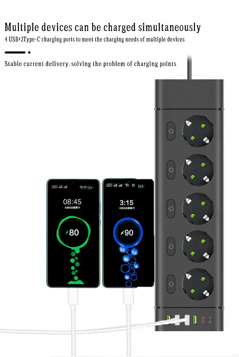 Description Picture 4 of itemEU Plug Power Strip Multiple Independent Control Outlet Sockets 2m Extension Cord Electrical Socket with 4 USB 2 Type-C Ports