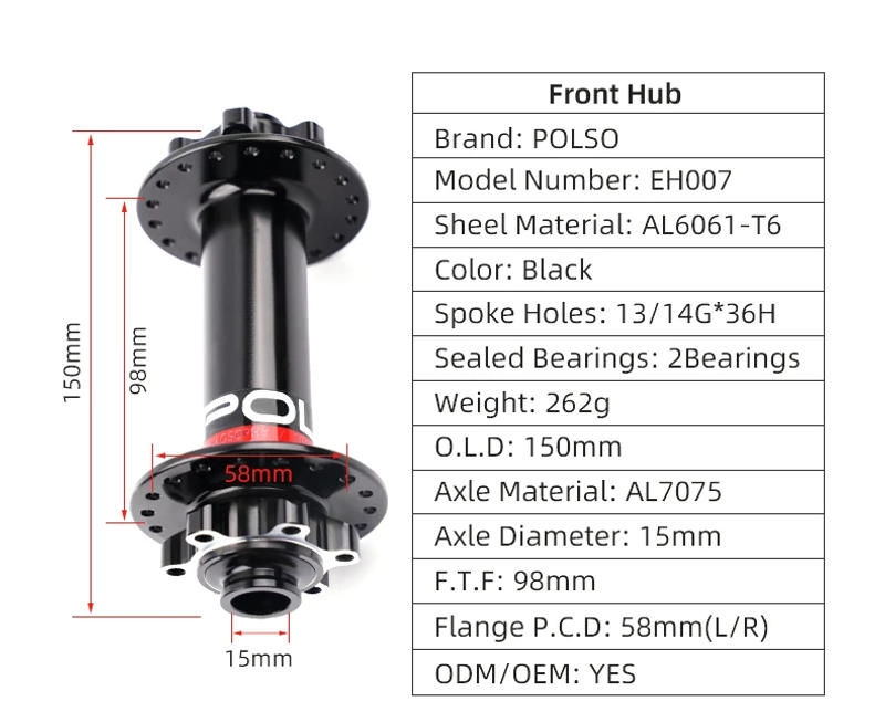 Description Picture 3 of itemPOLSO MTB Hub 36 Holes Black Dual Double Disc Brake 2 Sealed Bearings 15x135/150mm Ebike Hubs