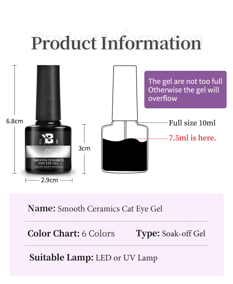 Description Picture 3 of itemBOZLIN 7.5ml Smooth Ceramics Cat Eye Nail Polish Varnish Semi Permanent Soak Off Water Light Cat Magnetic Gel For Nails Manicure