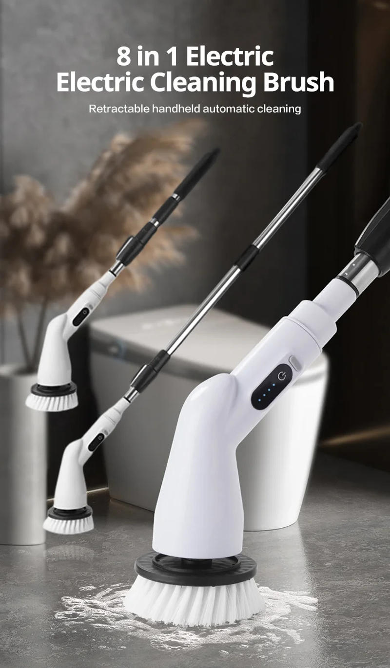 Description Picture 2 of itemNew 8-in-1 LCD Cordless Electric Cleaning Brush with Long Handle, Retractable Bathroom Toilet Floor, Electric Cleaning Brush