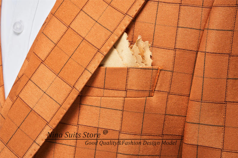 Description Picture 3 of itemG&N Burnt Orange Plaid Pattern Men Costume 2024 Tailor-made Single Breasted Suits of Man Waistcost in Double Breasted Style Suit