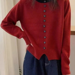 Autumn Winter Women Sweater Korean Fashion O-Neck Solid Single Breasted Contrast Color Slim Long Sleeve Pullovers Knitted Tops