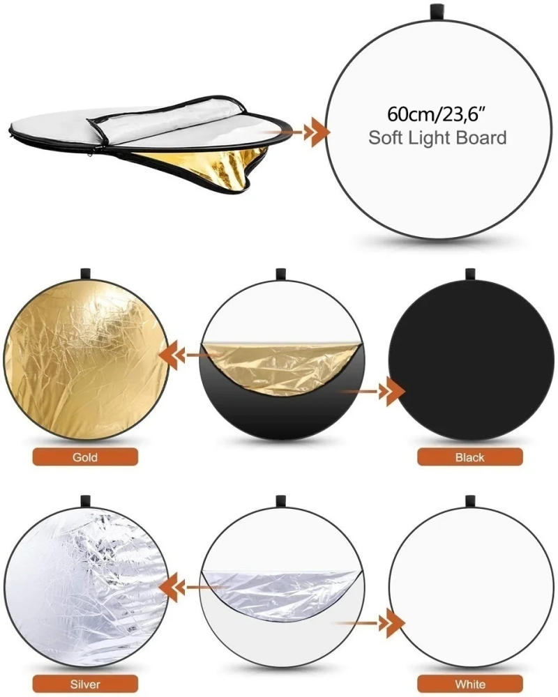 Description Picture 5 of item24" 60cm 5in1 Reflector Photography Collapsible Portable Light Diffuser Round Reflector For Photo Multi Color Silvery Black