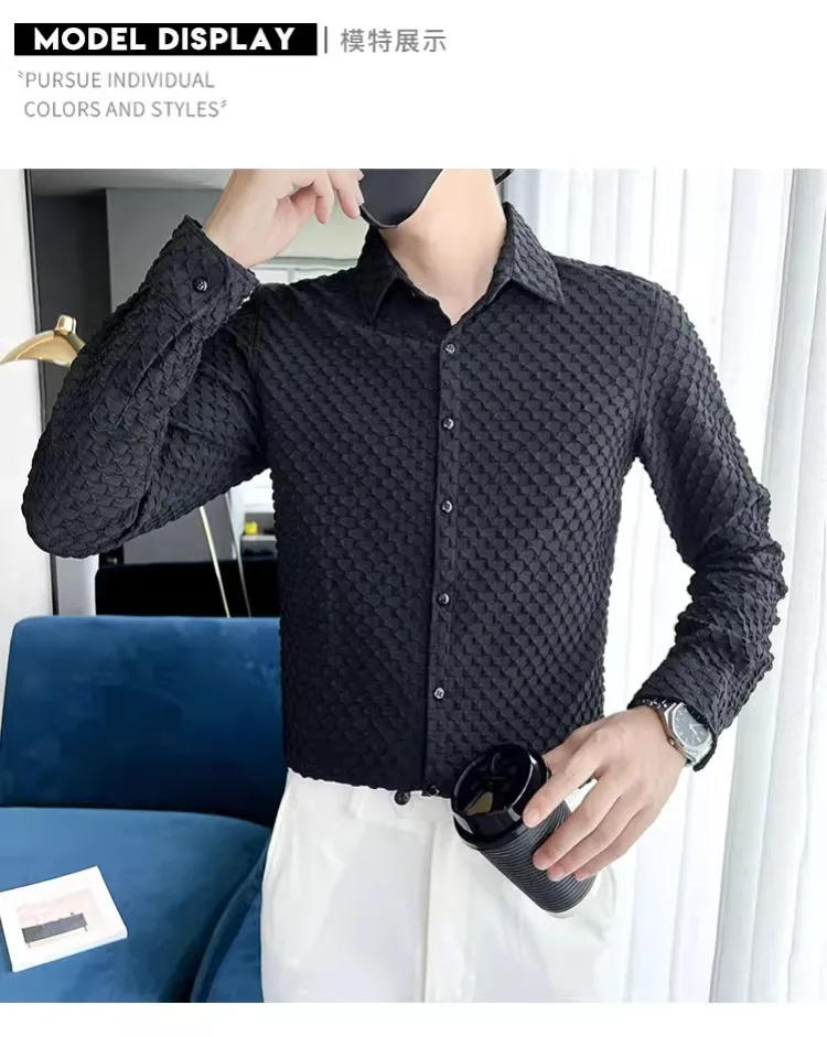 Description Picture 5 of itemBrand Solid Color Shirt Men's 2024 Spring Long Sleeve Slim Casual Business Dress Shirt Social Party Tuxedo Blouse Men Clothing