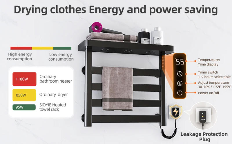 Description Picture 5 of itemSIOYIE Heated towel rack Electric towel rack with Timer Towel warmers with storage rack for bathrooms Wall-Mounted Grey G50