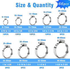 66Pcs Adjustable 8 to 60mm Hose Clamp Clips Worm Gear Assortment Kit for Various Air Hose Water Pipes Automotive Mechanical Use