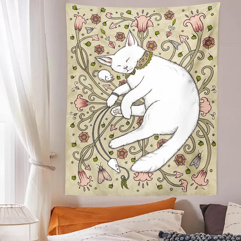 Description Picture 5 of itemCat Tapestry Botanical Flower Wall Hanging Cute cat Living Room Bedroom Home Decor Tapestry Art Wall Decoration Tapestries Art