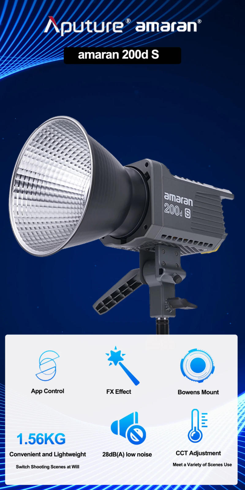 Description Picture 3 of itemAputure Amaran 200d S Amaran 200x S Bi-color 200W 2700-6500k LED  Photographic Strobe Lighting Build-in 9 FX Light Effect