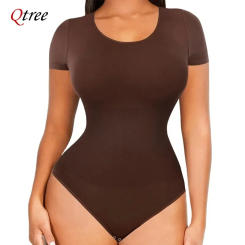 Qtree Plus Size Seamless Tummy Tucker Bodysuit Slimming Booty Lifting Shapewear for Women Short-Sleeved Waist Trainer Panties