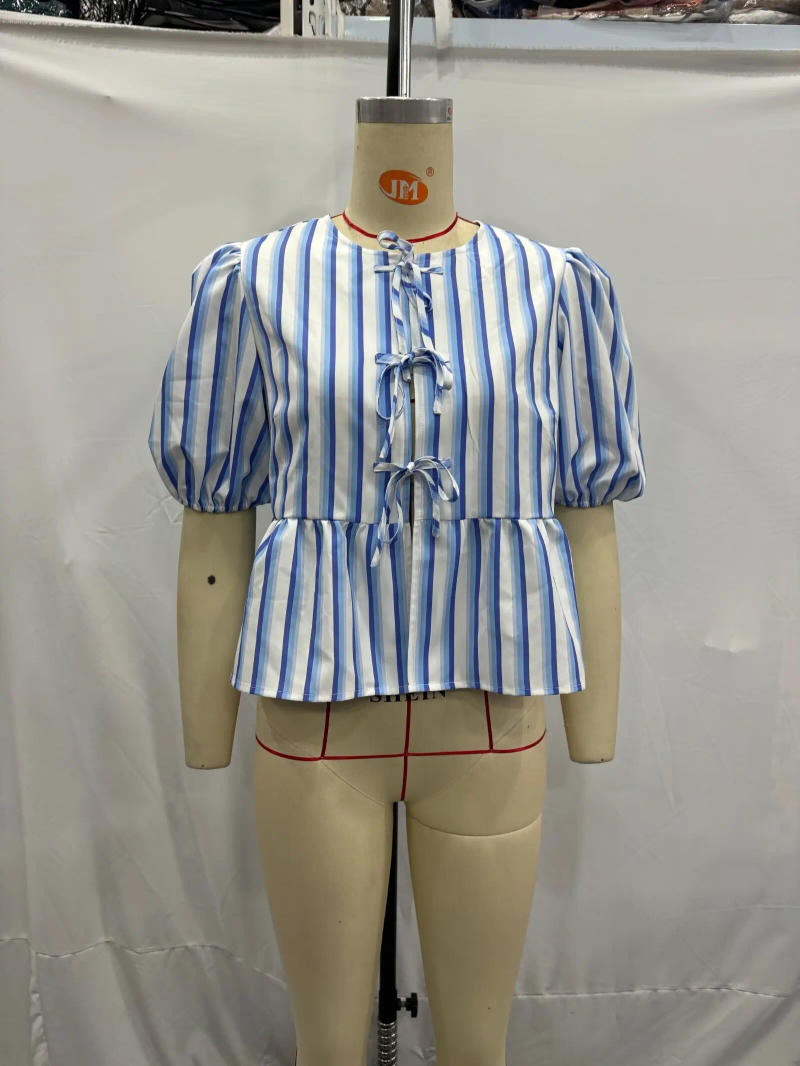 Description Picture 3 of itemTRAFZA 2024 Summer Women's Blue Striped Cropped Tops Short Sleeve Puff Sleeves Lace Up O Neck Blouse Y2K T Shirts Elegant Style