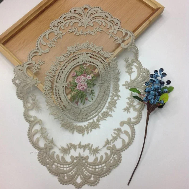 Description Picture 3 of item1PC European Oval Lace Embroidery Placemat Bedroom Study Kitchen Cup Table Mat Food Fruit Plate Cover Cloth Decoration