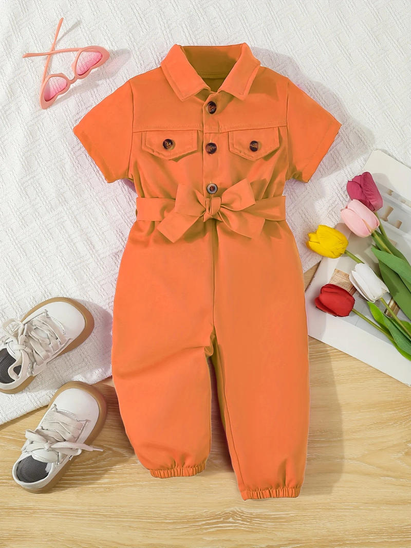 Description Picture 3 of itemCute Baby Girl Summer Short-Sleeved One-Piece Outdoor Casual Simple One-Piece Pants + Belt 2-Piece Set