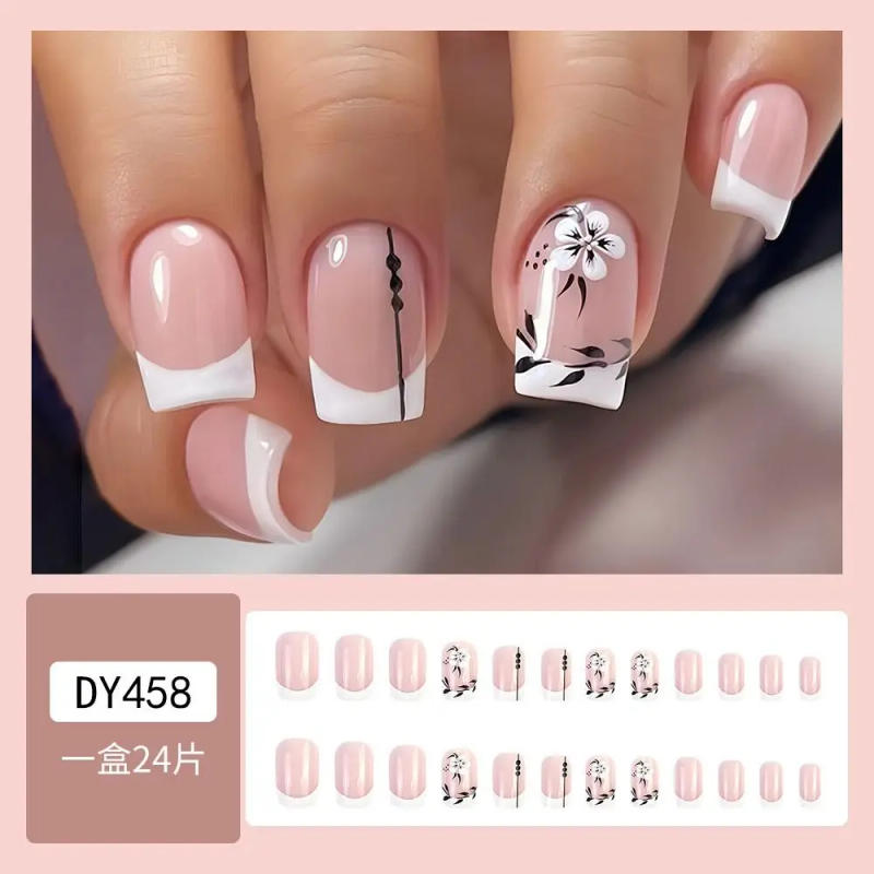 Description Picture 6 of item24pcs Short Square False Nails French Shining Crystal Glitter Ink Wavy Full Cover Detachable Nail Tips