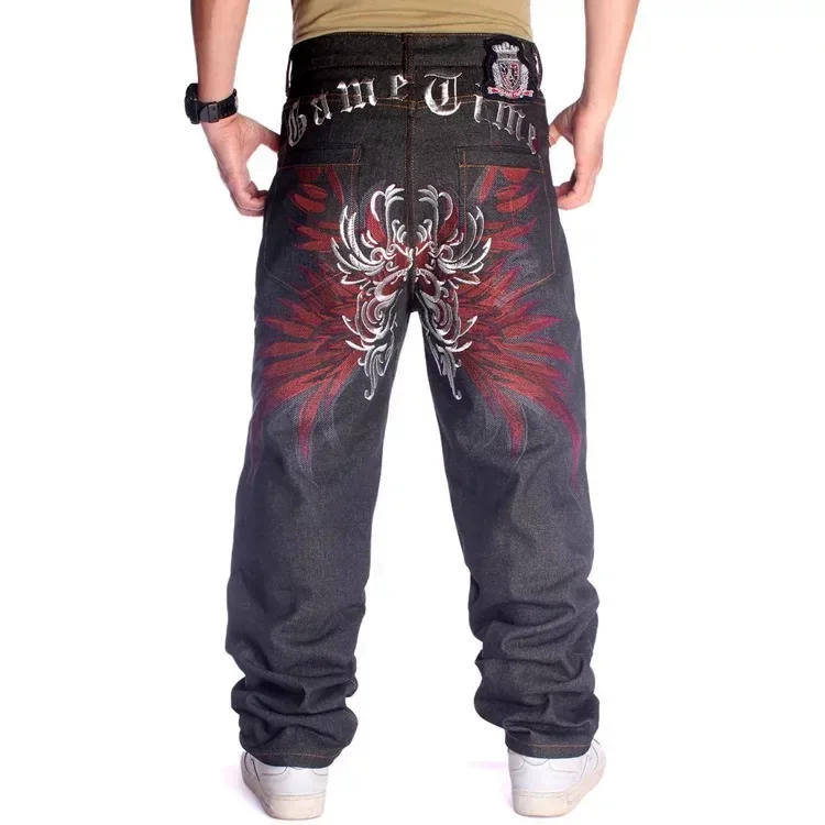 Description Picture 4 of itemPlus Size 30-46 Inch Skateboard Mens Baggy Jeans Wide-Leg Loose Hip Hop Embroidered Flower Wings Male Denim Pants Tide Trousers