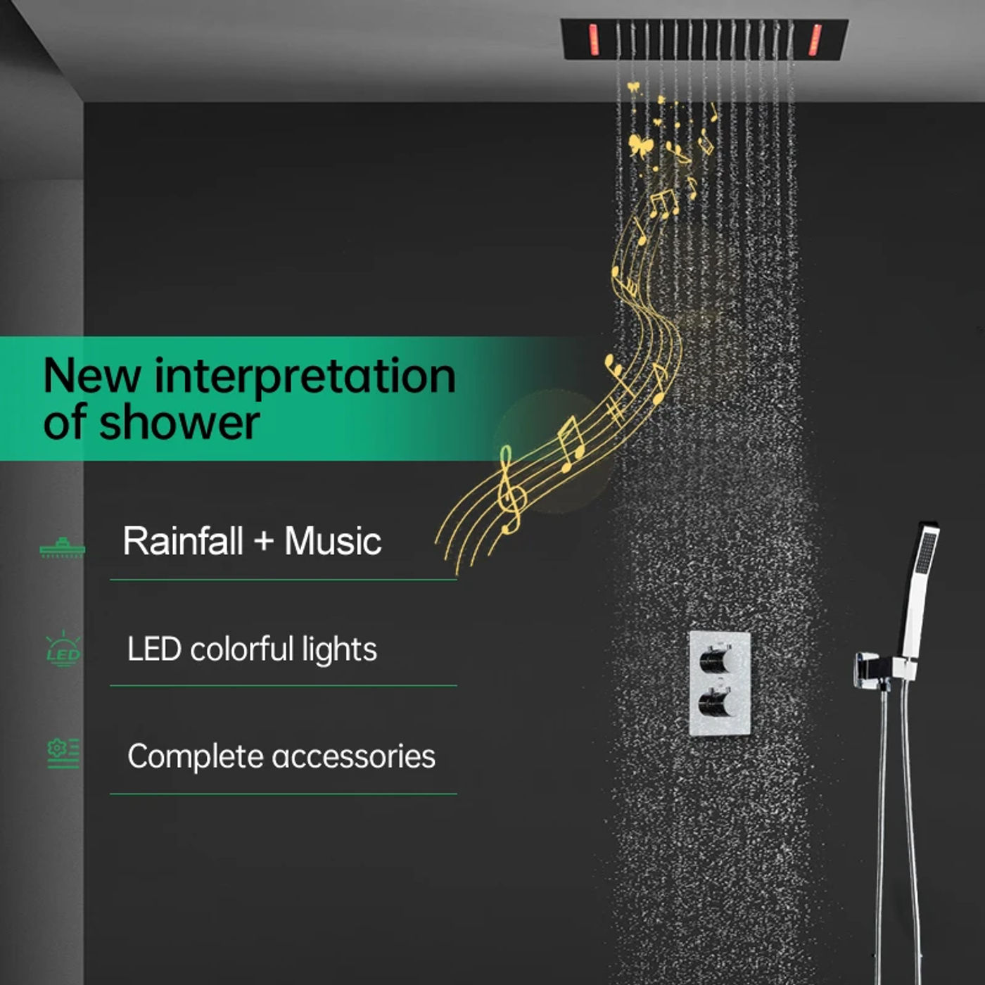 Description Picture 2 of itemMusic Shower System 360x500mm LED Rainfall Showerhead Thermostatic Diverter Valve chrome surface