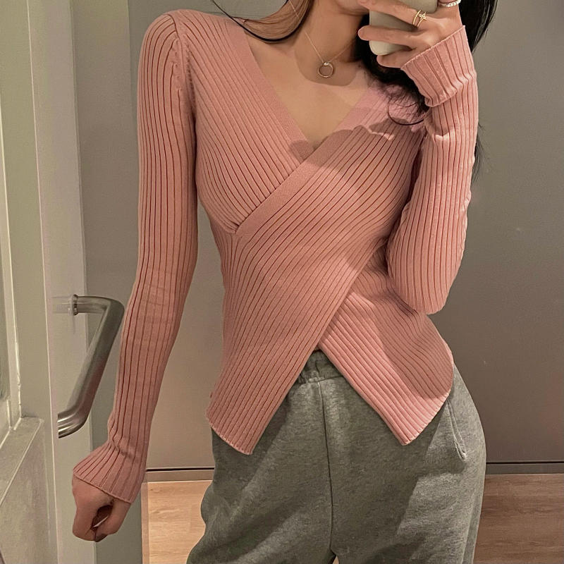 Description Picture 5 of itemRibbed Knit Surplice Sweater for Women Pullovers Long Sleeve Plain Jumper Teen-girl Fall Winter Balletcore Chic Outfit