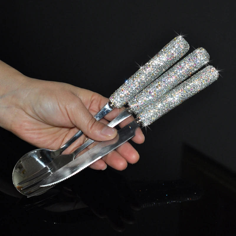 Description Picture 4 of itemLuxury Spoon Fork Knife Chopsticks Set 304 Stainless Steel Cutlery Tableware Sparkling Diamond Flatware Dinnerware Set With Case