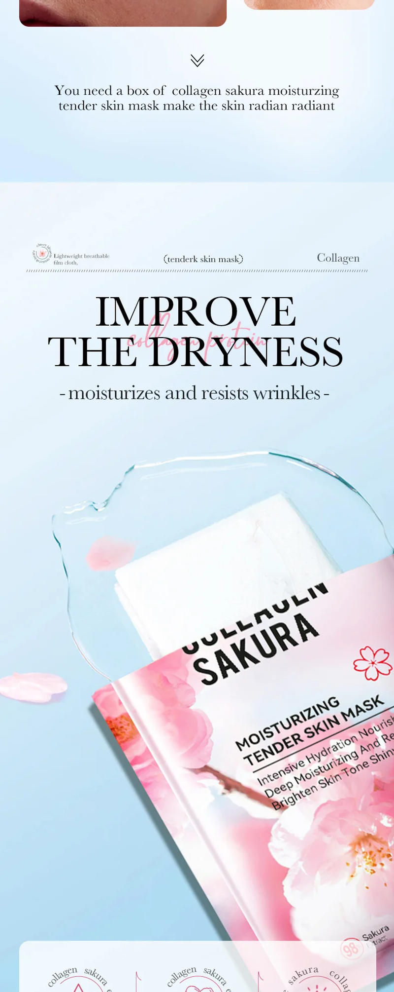 Description Picture 4 of item5pcs SADOER Sakura Face Mask Facial Skincare Moisturizing Brightening Hydrating Firming Collagen Facial Masks Face Sheet Mask