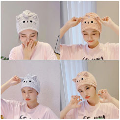 Cartoon Cat Hair Towel Cap Absorbent Quick-dry Wrapped Bath Cap Sweet Kitten Thickening Coral Velvet Headband Bathroom Supplies